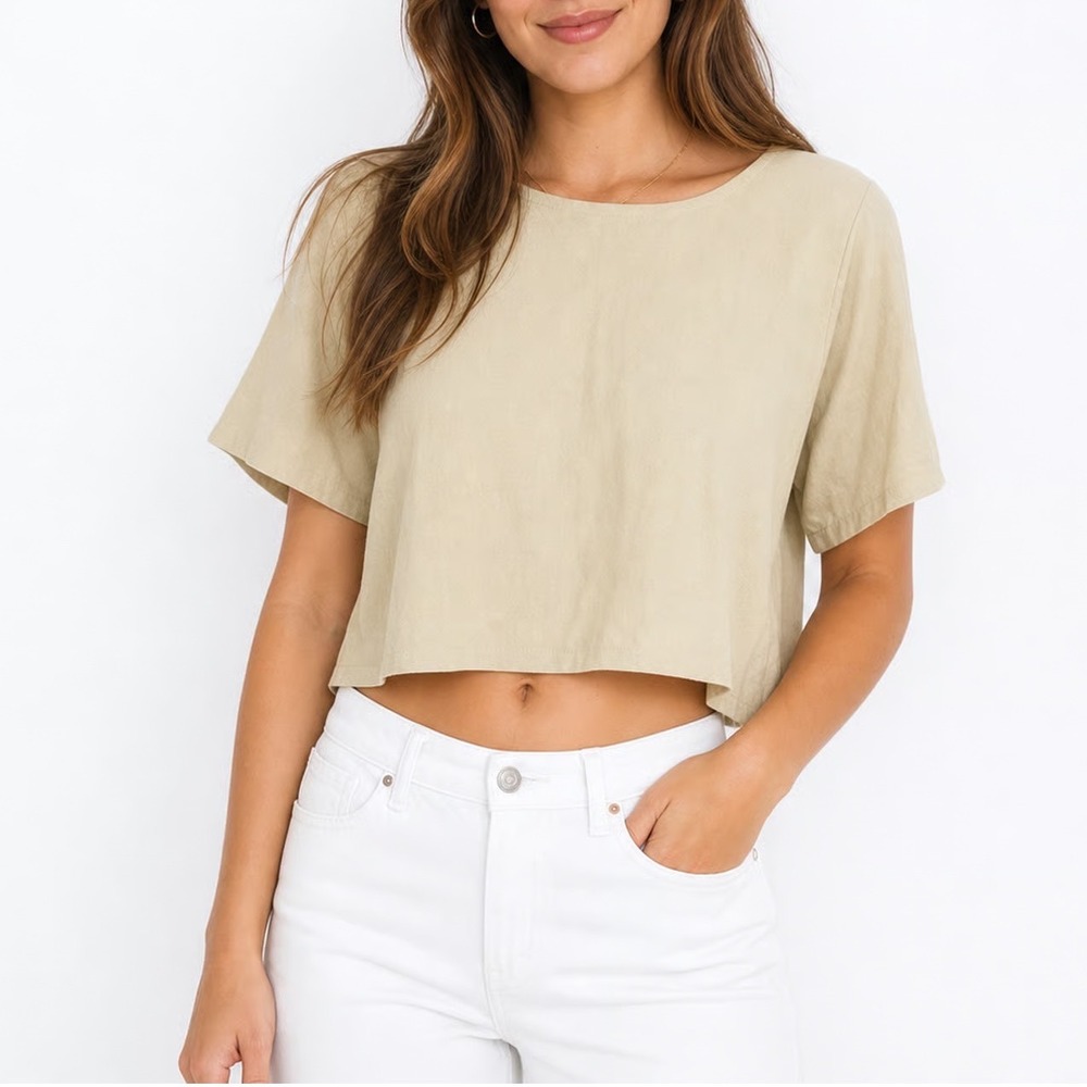 BCBGeneration Tan Beige Faux Suede Short Sleeve Crop Top Size M Raw